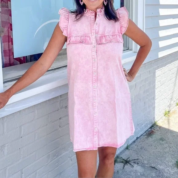 entro | Dresses | Boutique Entro Pink Ruffled Denim Dress With Flutter  Sleeves | Poshmark